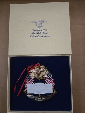 American Vintage White & Gold White House Ornament with Red Ribbon